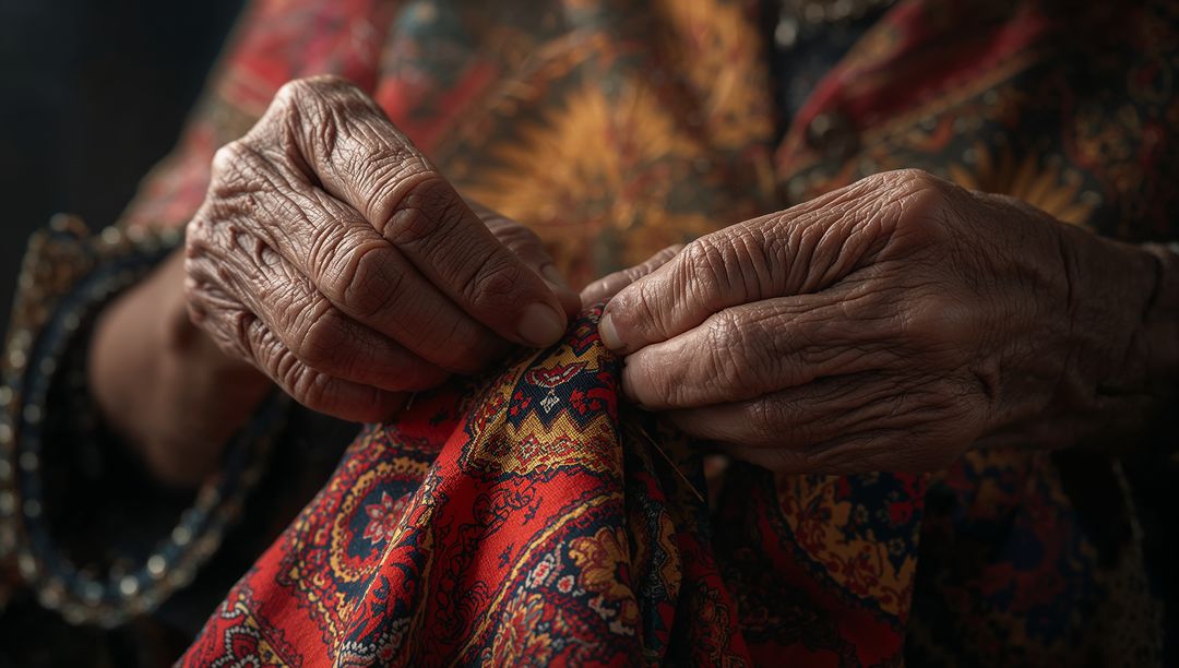 Elderly Hand Stitching Traditional Fabric with Precision