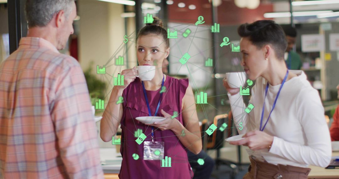 Business networking over coffee in coworking space with digital data visualization overlays