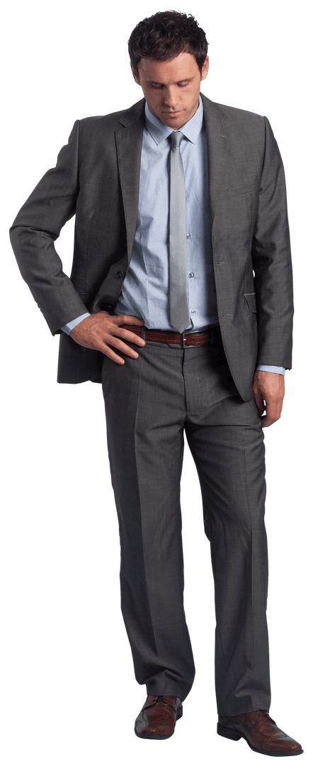 Transparent Businessman in Grey Suit Standing with Thoughtful Expression