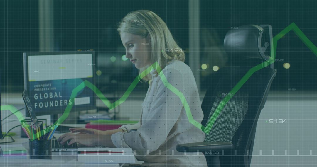 Businesswoman Analyzing Data in Modern Office with Growth Graph Overlay