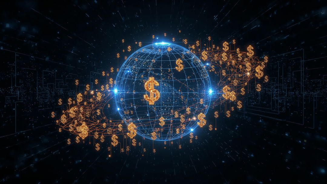 Futuristic Global Network with Orbiting Dollar Symbols