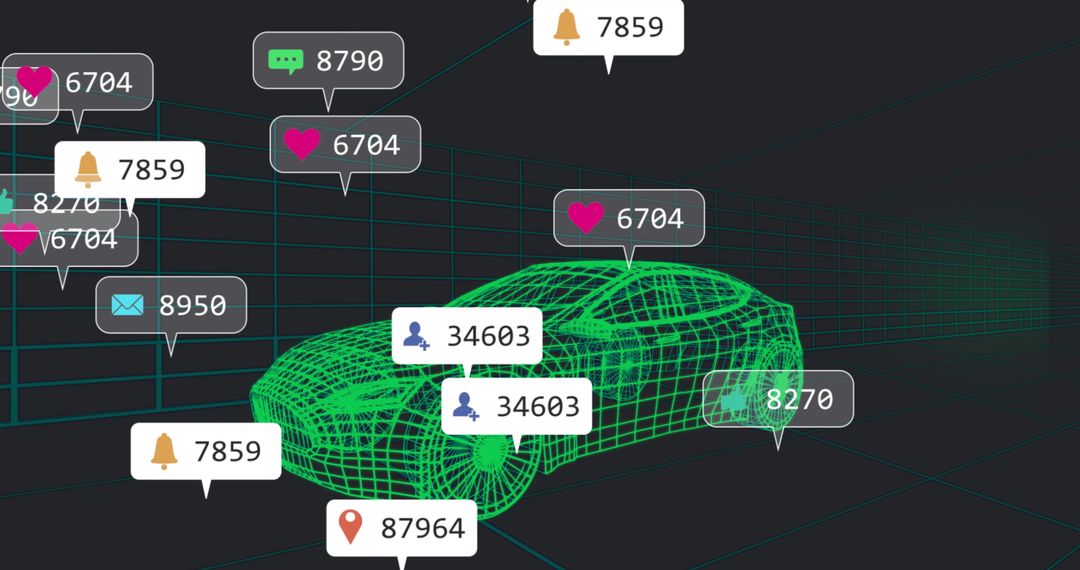 Wireframe Sports Car with Notification Icons in Digital Space