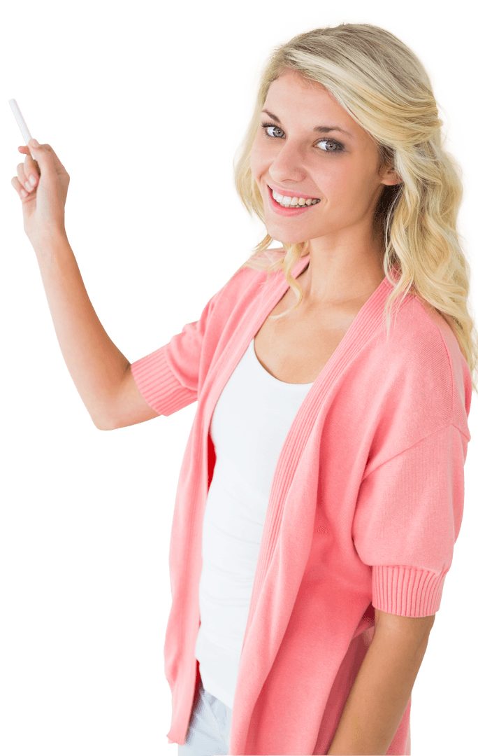 Smiling Caucasian Woman Holding Chalk Transparent Background