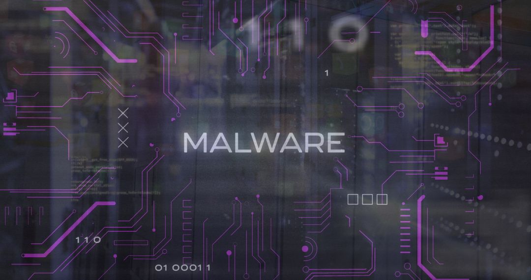Malware cyberattack visualized with digital binary interface