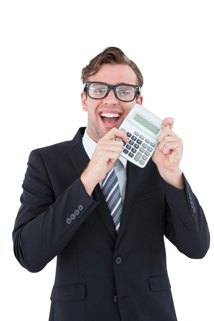 Cheerful Businessman Holding Calculator on Transparent Background