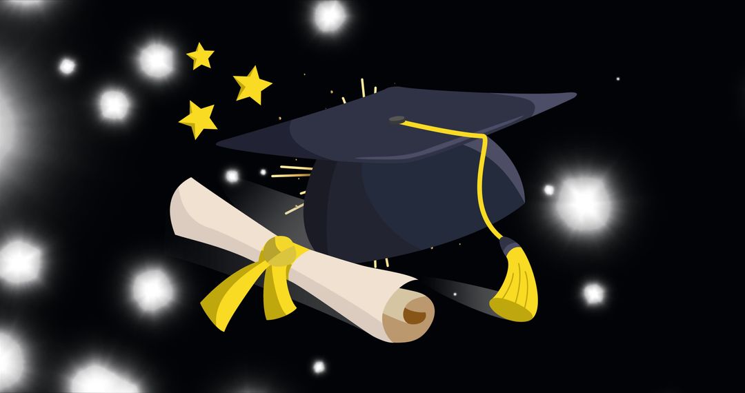 Graduation Cap with Diploma on Black Background