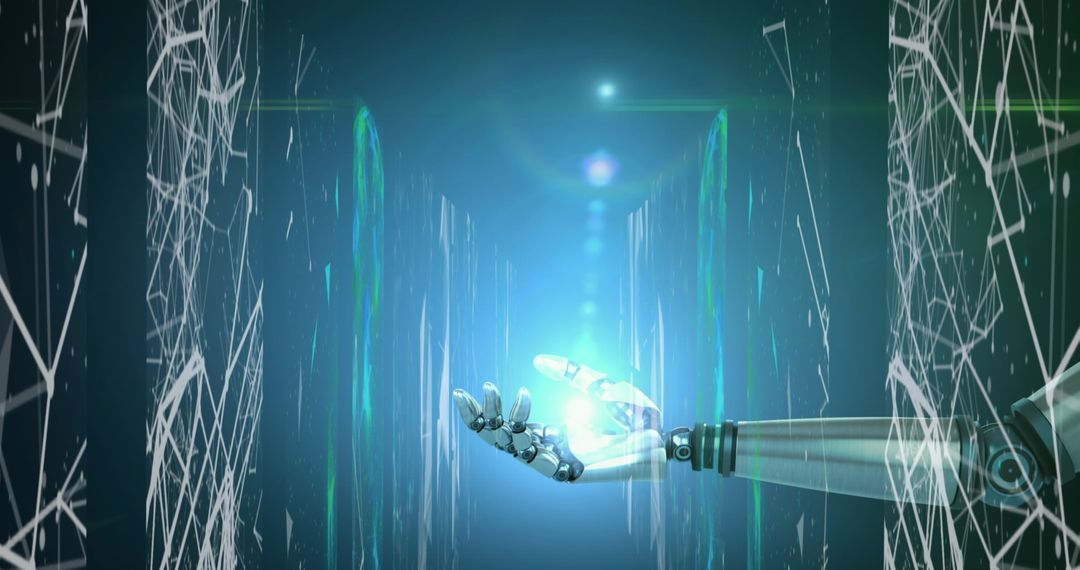 Futuristic Robot Hand Interacts with Glowing Digital Sphere