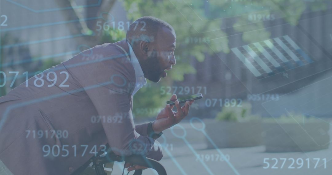 Businessman Using Smartphone with Financial Data Analysis Overlay