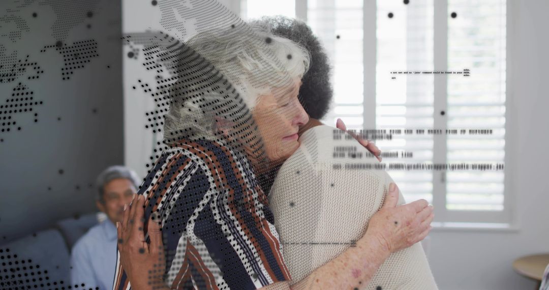Senior Women Embracing for Comfort and Support at Home with Subtle Digital Overlay