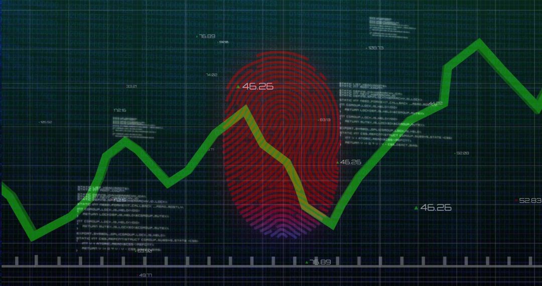 Overlaying fingerprint analytics with rising green line chart on dark grid cyber dashboard