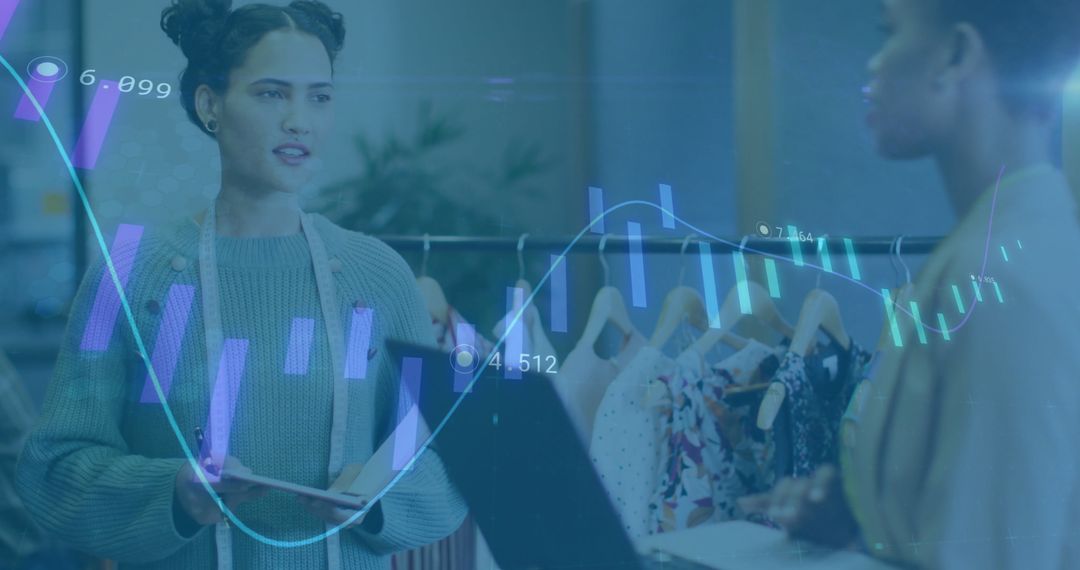 Business Partners Discuss Retail Strategy with Financial Data Overlay