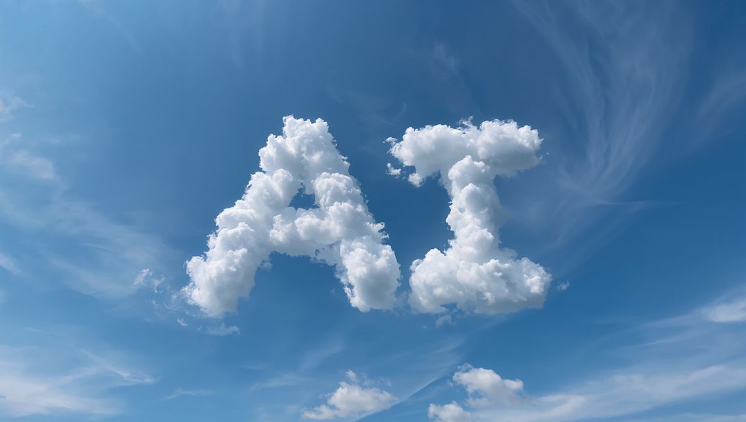 Forming AI Cloud Letters in Bright Blue Sky with Cirrus Streaks and Cumulus Typography
