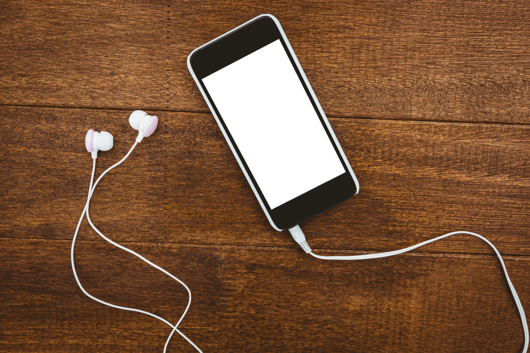 Transparent Smartphone and Headphones on Wooden Surface