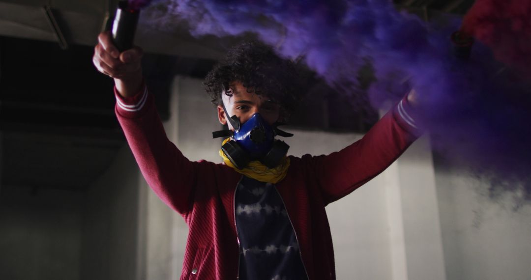 Person with Smoke Flares in Abandoned Building