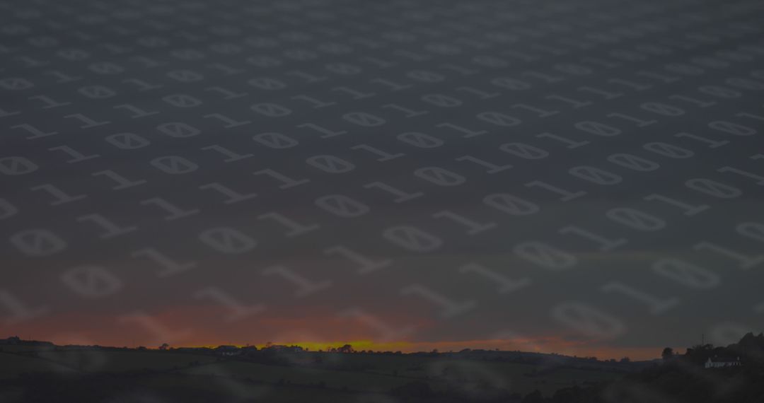 Binary Code Overlaying Abstract Hillside at Sunset