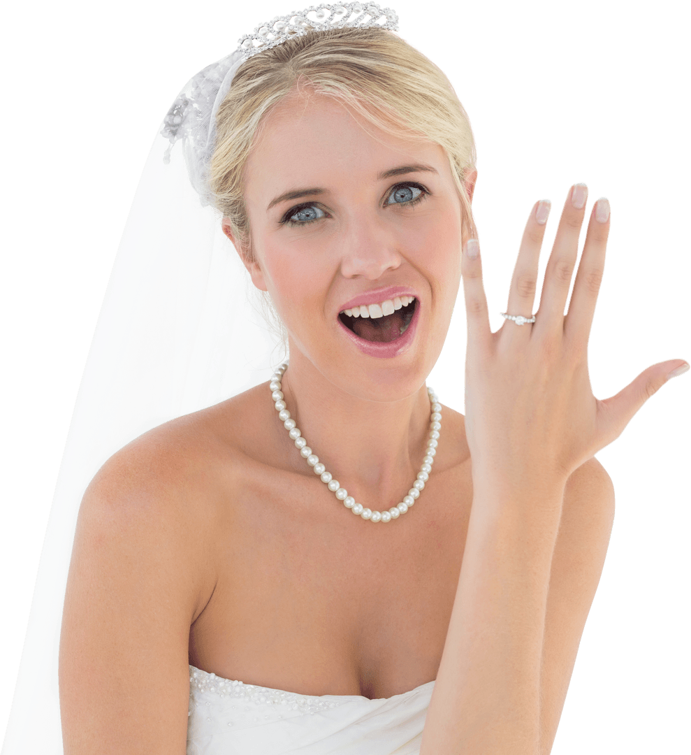 Joyful Bride Displaying Wedding Ring on Transparent Background