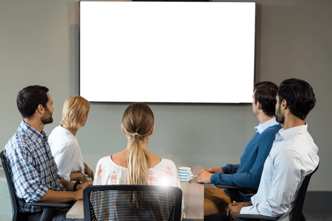 Team Viewing Large Screen at Modern Office with Transparent Focus