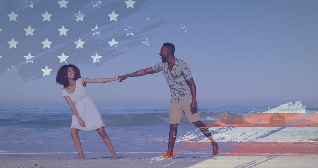 Happy Couple Holding Hands on Beach with American Flag Overlay - Free Images, Stock Photos and Pictures on Pikwizard.com