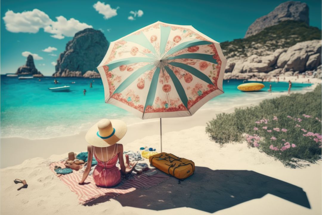 Woman Relaxing Under Beach Umbrella by Turquoise Sea - Free Images, Stock Photos and Pictures on Pikwizard.com