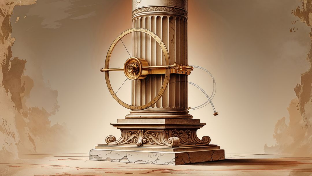 Fluted column with golden mechanical wheel, fusion of classical and steampunk, seismograph concept