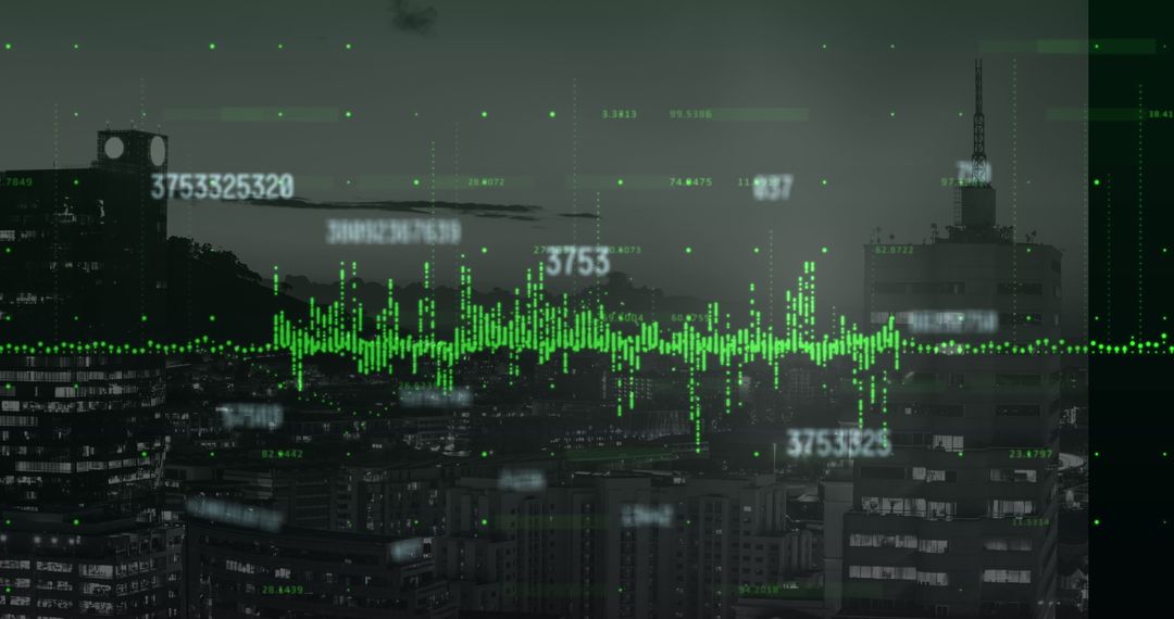 Futuristic Digital Data Overlay on Cityscape at Dusk