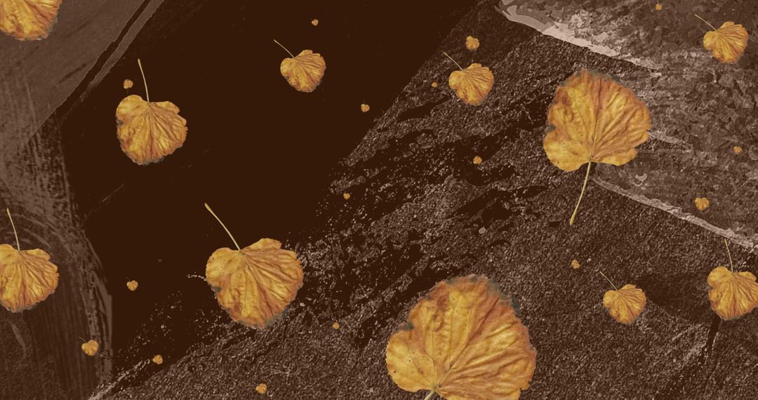 Golden Autumn Leaves Across Abstract Brown Waves