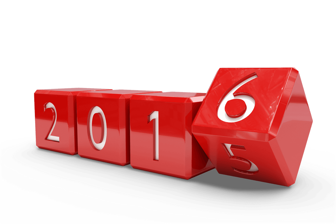 Transition from 2015 to 2016 with Red Cubes on Transparent Background