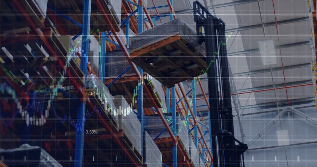 Forklift Moving Pallets in Warehouse with Stock Market Graphs Overlay