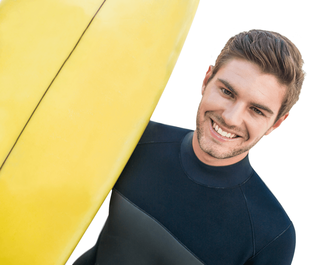 Transparent Smiling Surfer with Yellow Surfboard Isolated PNG