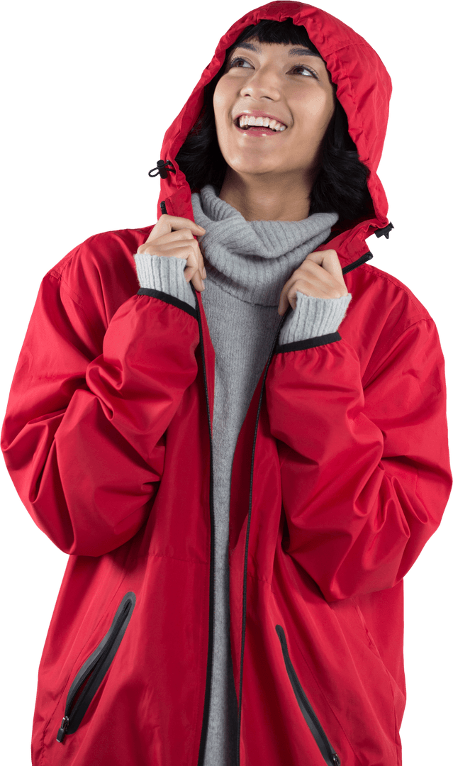 Woman Smiling in Red Hooded Jacket on Transparent Background