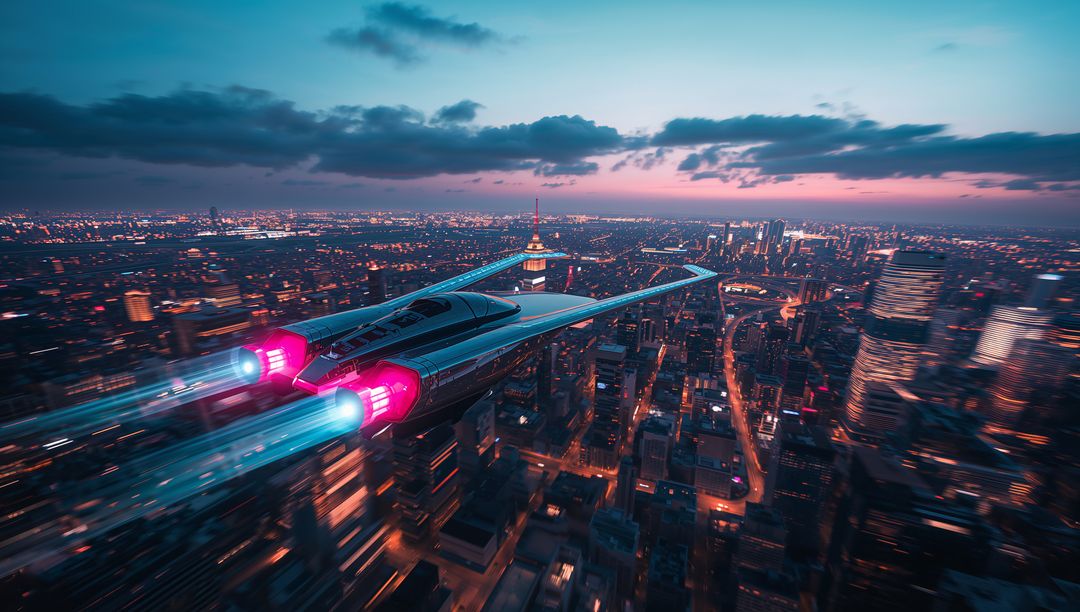 Neon-Trail Twin-Engine Jet Soaring Over Futuristic City Skyline at Dusk, Cyberpunk Vibe