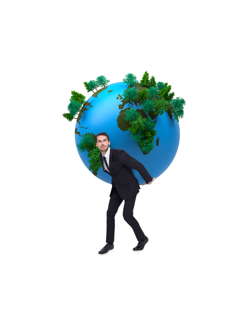 Caucasian Businessman Carrying Earth on Back Transparent Background