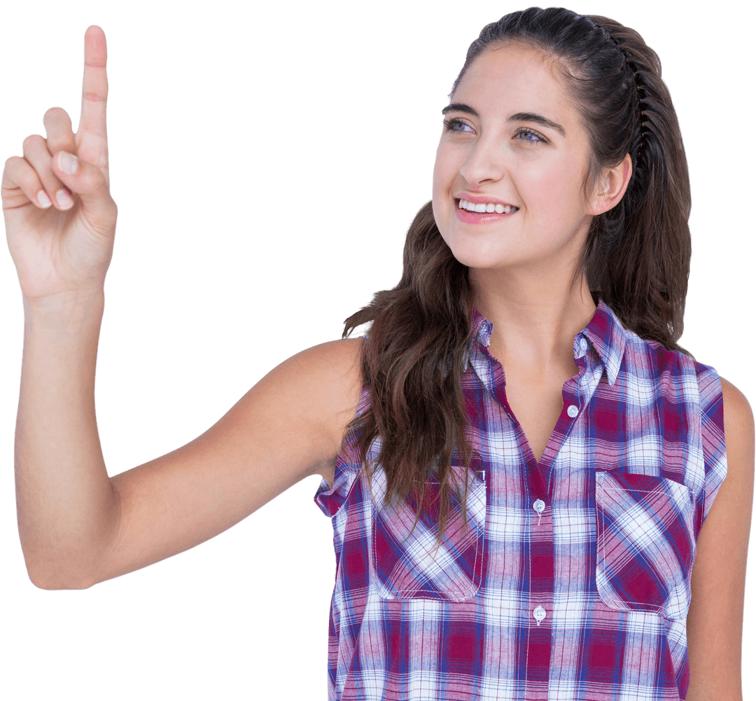 Smiling Brunette Woman Pointing on Transparent Background