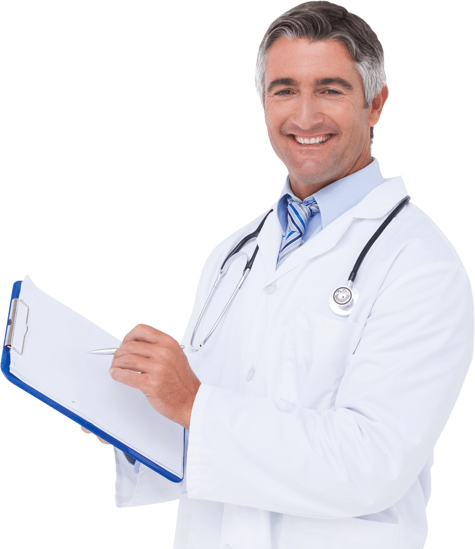 Smiling Doctor Jotting Notes, Transparent Background