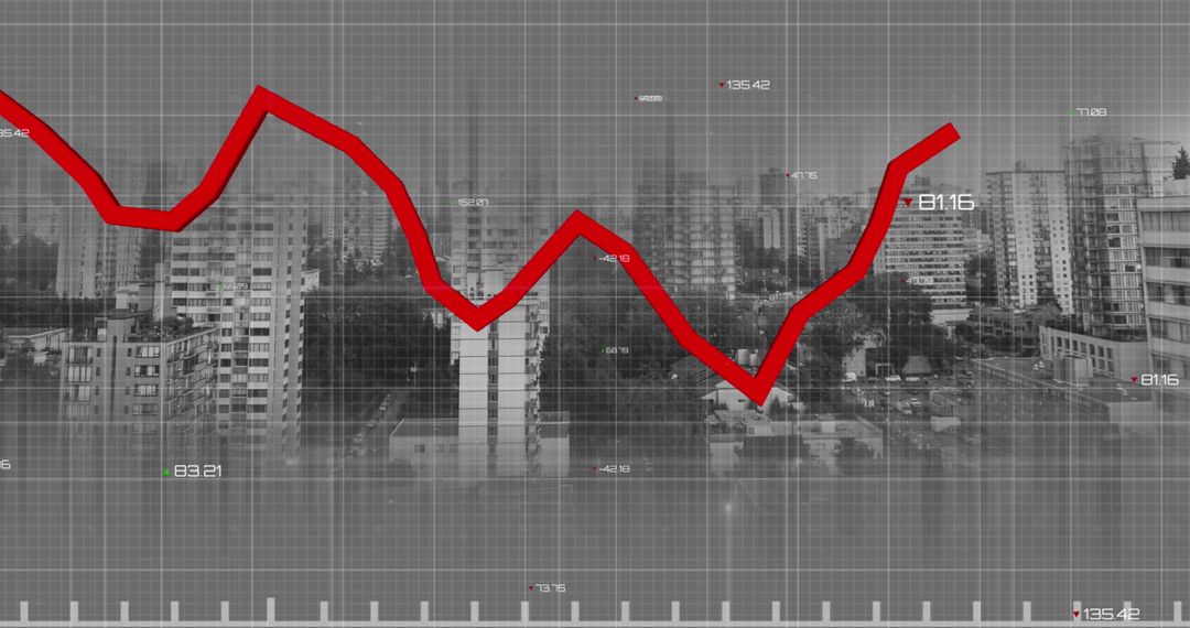 Red Line Graph Overlay on Cityscape Represents Economic Trends
