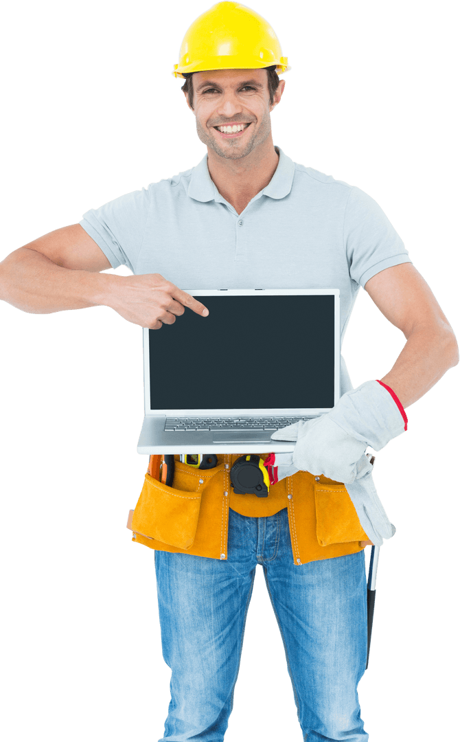 Smiling Carpenter Holding Laptop with Blank Screen on Transparent Background