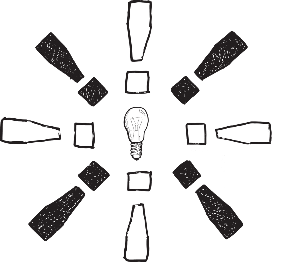 Creative Concept Lightbulb with Exclamation Marks on Transparent Background