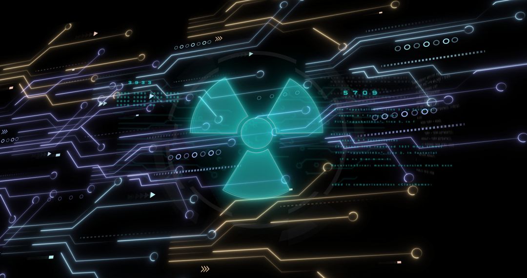 Pulsing Nuclear Symbol on Futuristic Interface with Neon Circuits