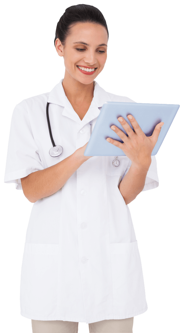 Transparent Medical Professional Using Digital Tablet Smiling Confidently