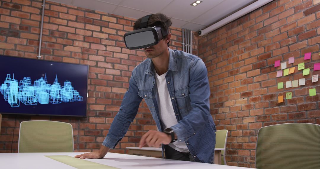 Businessman Using VR Headset Tapping on Interactive Screen in Modern Office - Free Images, Stock Photos and Pictures on Pikwizard.com