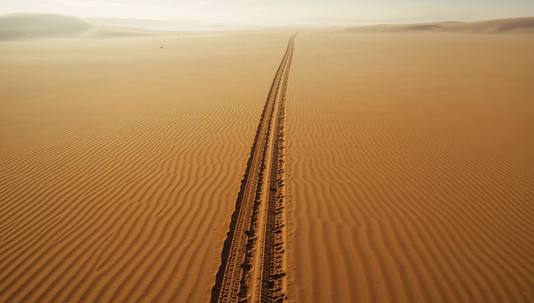 Endless Tire Tracks in Desert Landscape with Rippling Dune Patterns