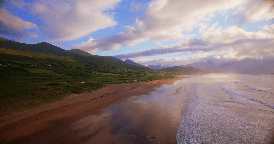 Transparent Mystical Beach Sunset with Mountains and Sky