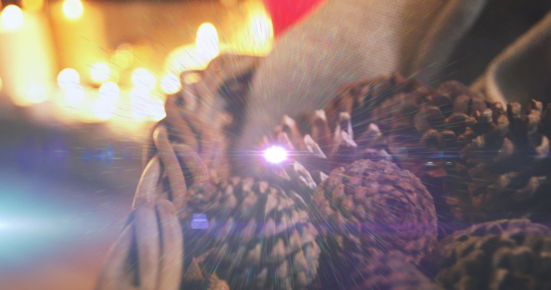Glowing Lights Illuminating Pine Cones in Woven Basket