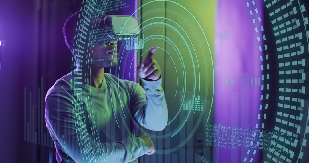 Technician Using VR for Data Management in Server Room