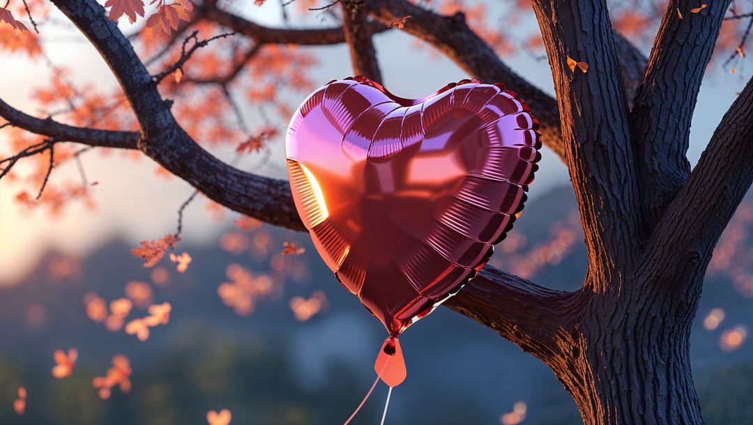 Metallic Heart Balloon on Branch at Dusk in Autumn Forest