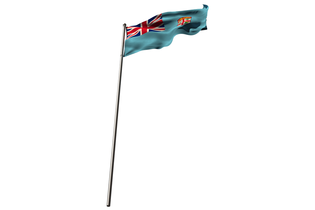 Transparent Fiji Flag Waving on Flagpole Against White Background