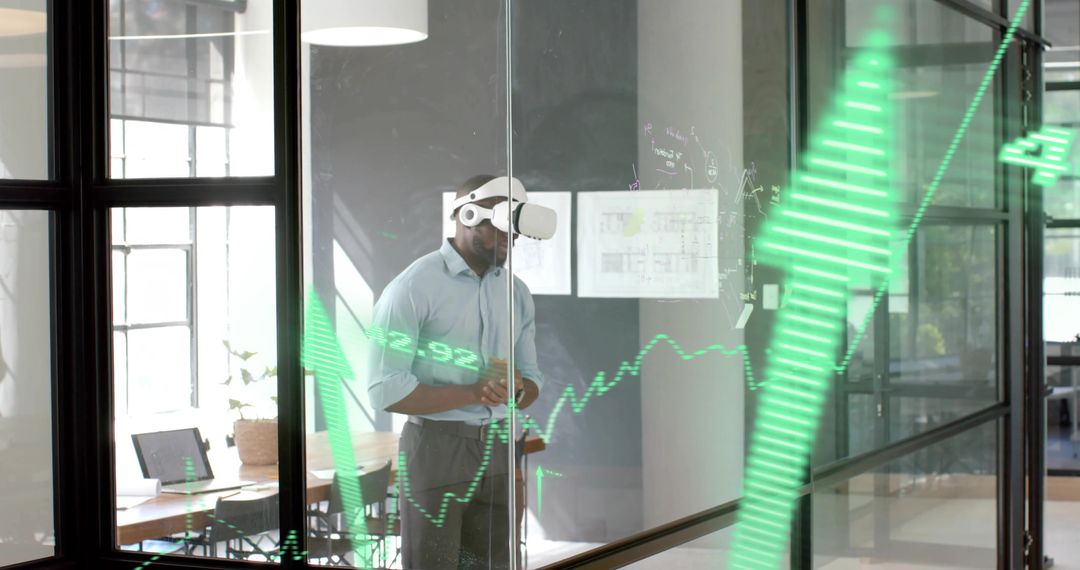 Businessman Wearing VR Headset Navigating Virtual Financial Data
