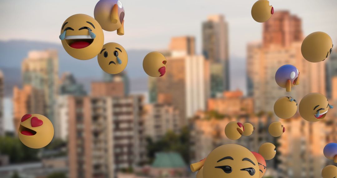 Floating Emojis Expressing Various Emotions in City Skyline