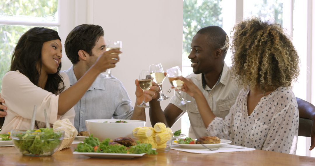 Diverse Friends Enjoying Meal, Toasting with Wine Glasses - Free Images, Stock Photos and Pictures on Pikwizard.com