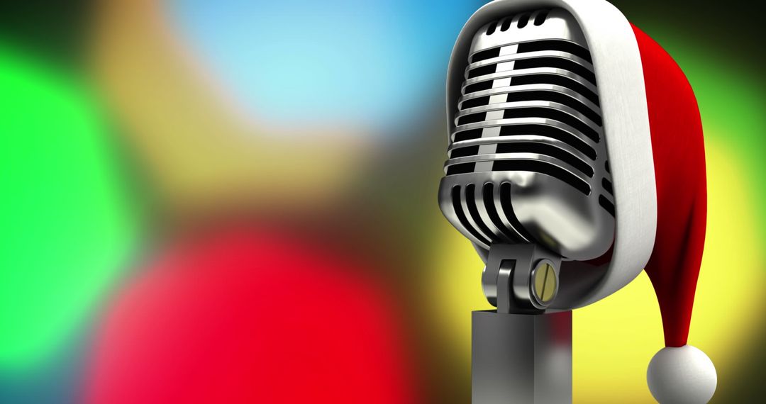 Retro Microphone Wearing Santa Hat Against Festive Bokeh